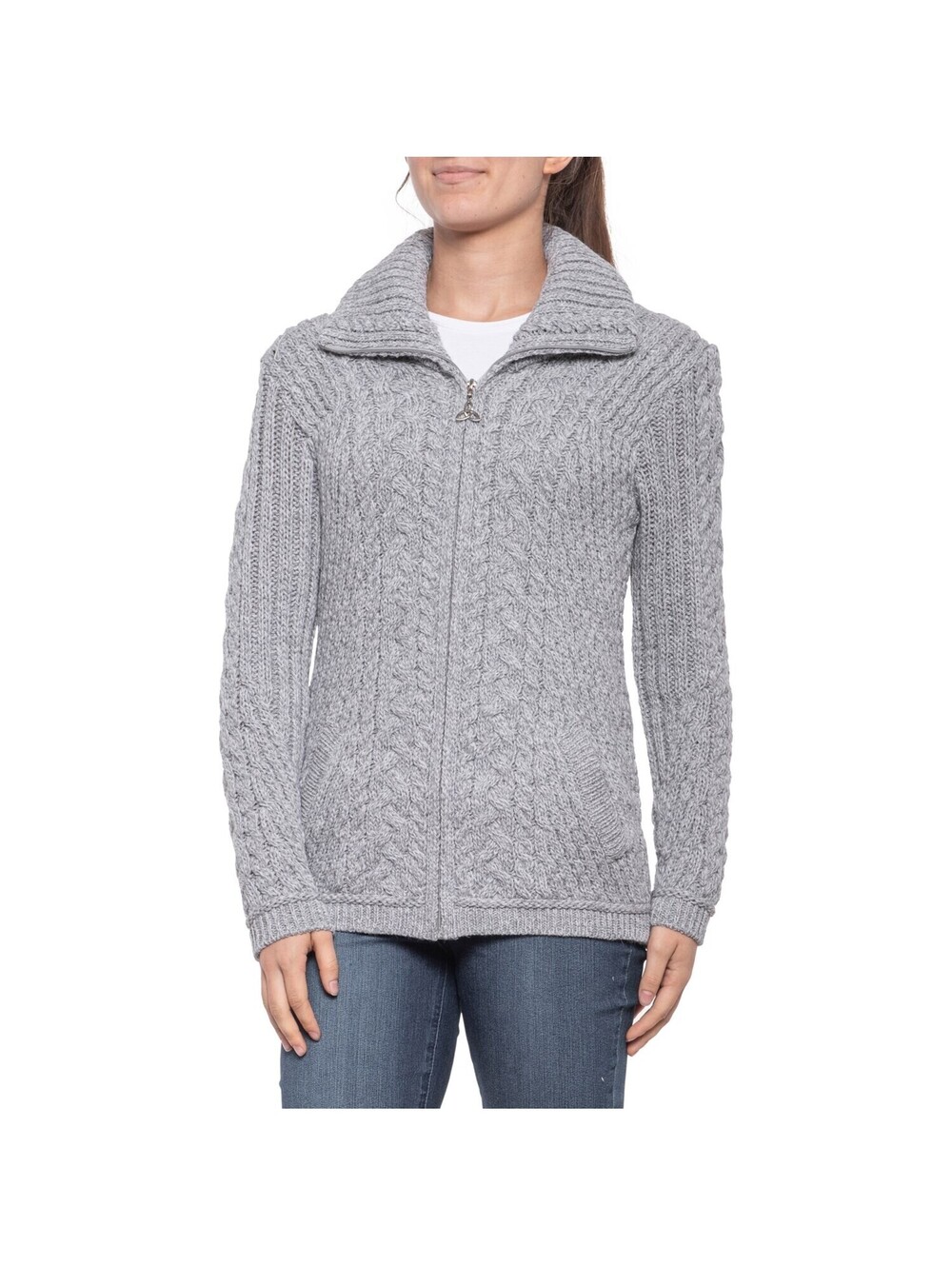 Women's Aran Mor Light Gray 100% Merino Wool Zip Cardigan Sweater Size M